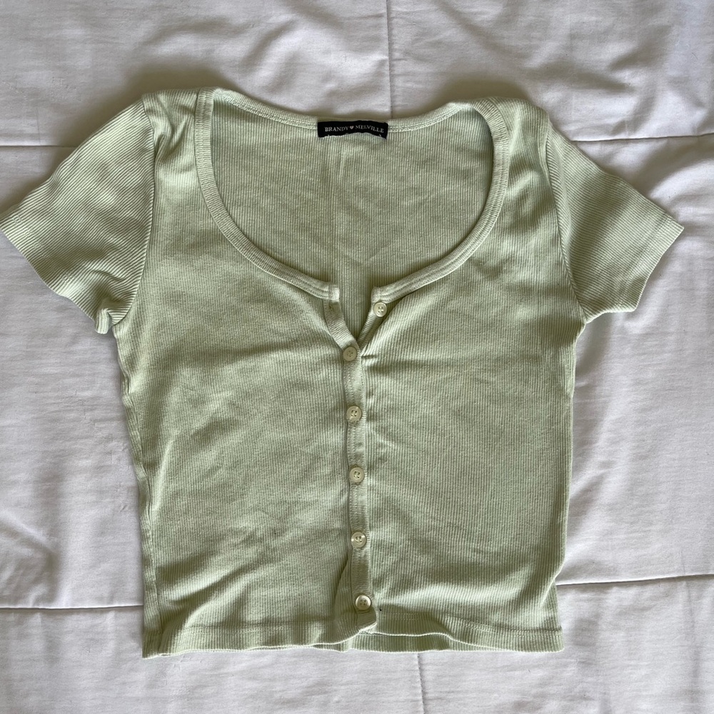 Brandy Melville Green Cropped Button Down Shirt